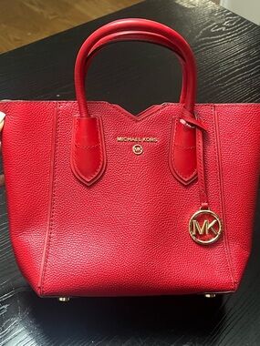 Michael Kors Red Pebbled Leather Mini Satchel with Gold MK Charm